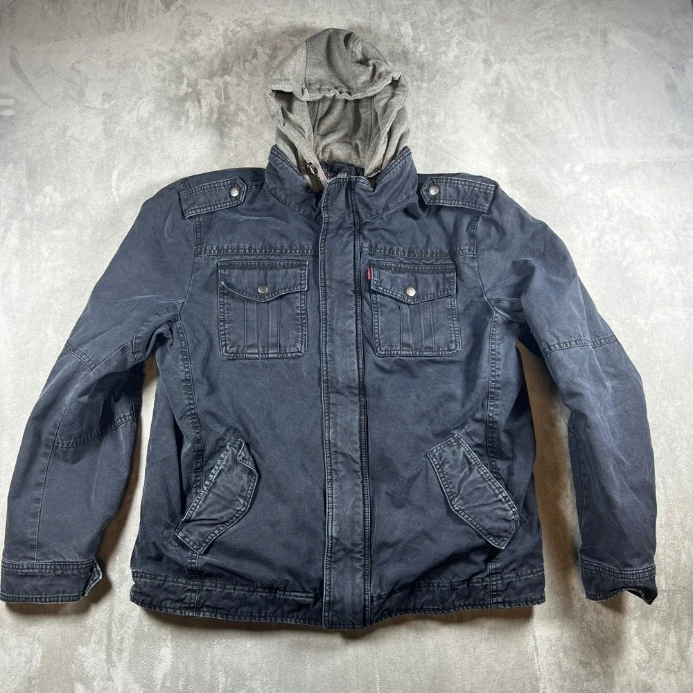 Levis Black Trucker Military Utility‎ Jacket Quilted Lined Zip Hood Large